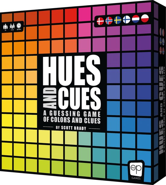 Doos met raster van kleuren, van geel tot blauw, met tekst HUES AND CUES. Met vlaggen van Denemarken, Zweden, Noorwegen en Finland. 3-10 spelers.