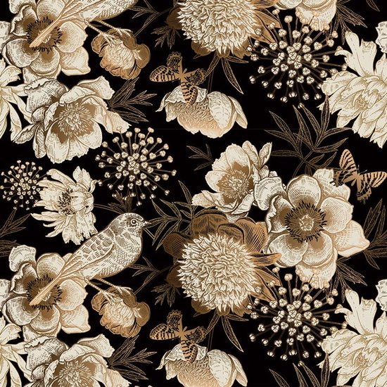 Gedetailleerd patroon van bloemen, vogels en vlinders op zwarte achtergrond.