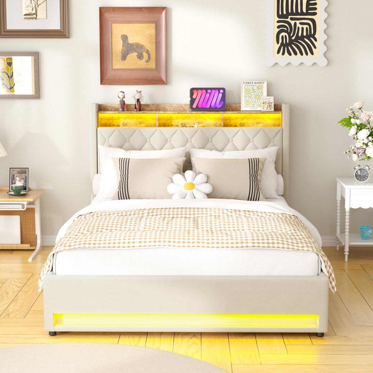 HAUSS SPOLE Fluweel Gestoffeerd bed 160×200 cm - Tweepersoonsbedden Met Opbergruimte - Voor Luxe Slaapkamers - Opbergruimte Boxspring - Voor Stellen En Volwassenen - Met USB & LED - Beige