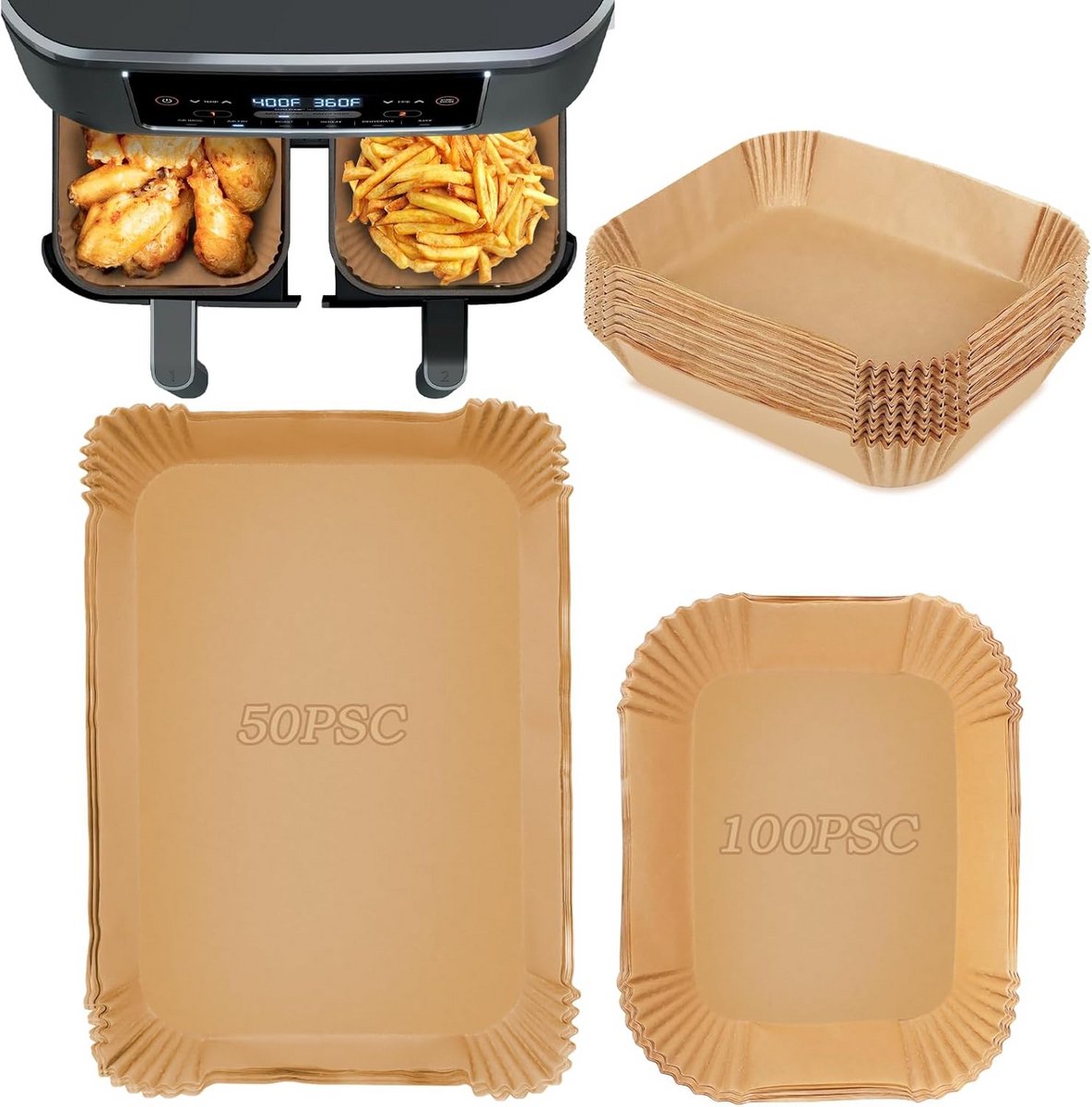 150x Rechthoekig Bakpapier voor Luchtfriteuse - XL Vellen Perkamentpapier voor Dubbele Mand & Oven