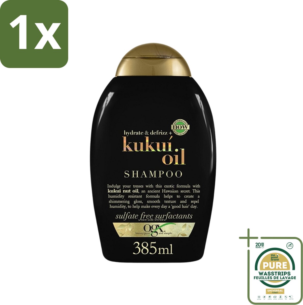 1 x OGX - Kukui Oil - Shampoo - Hydraterend - Anti-Pluis - 385 ml- Anti-frizz Shampoo - Kukui Oil Shampoo - Hydrating Shampoo - Frizz Control - Hair Hydration