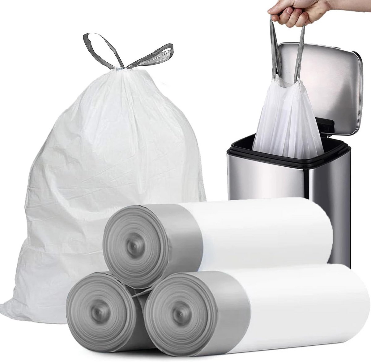 Kleine Vuilniszakken 4 Gallon met Trekkoord - 57 Stuks Witte Afvalzakken