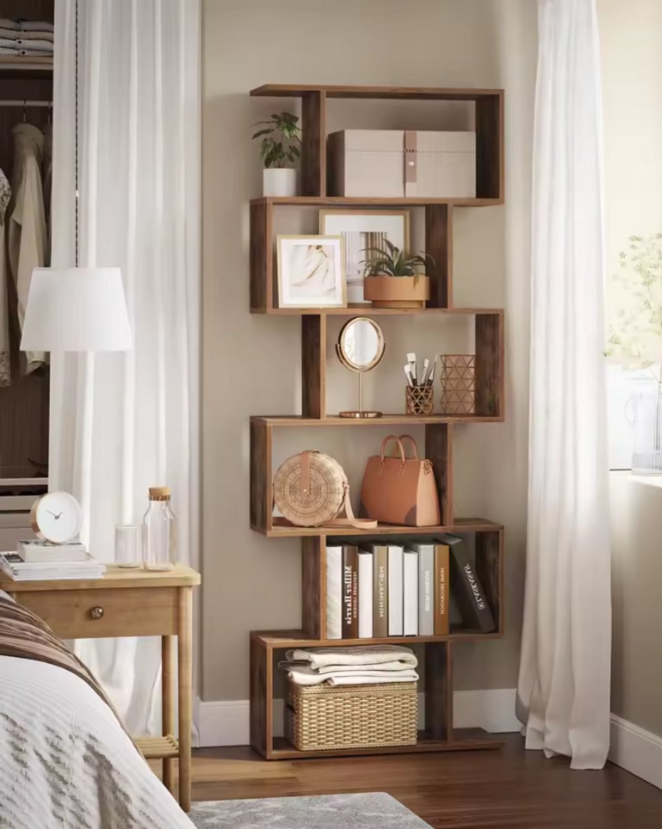 Industriële Boekenkast – 6 Vakken – S-Vorm Design – 190.5 cm Hoog – Vintage Bruin – Houtlook – Wandkast – Opbergkast