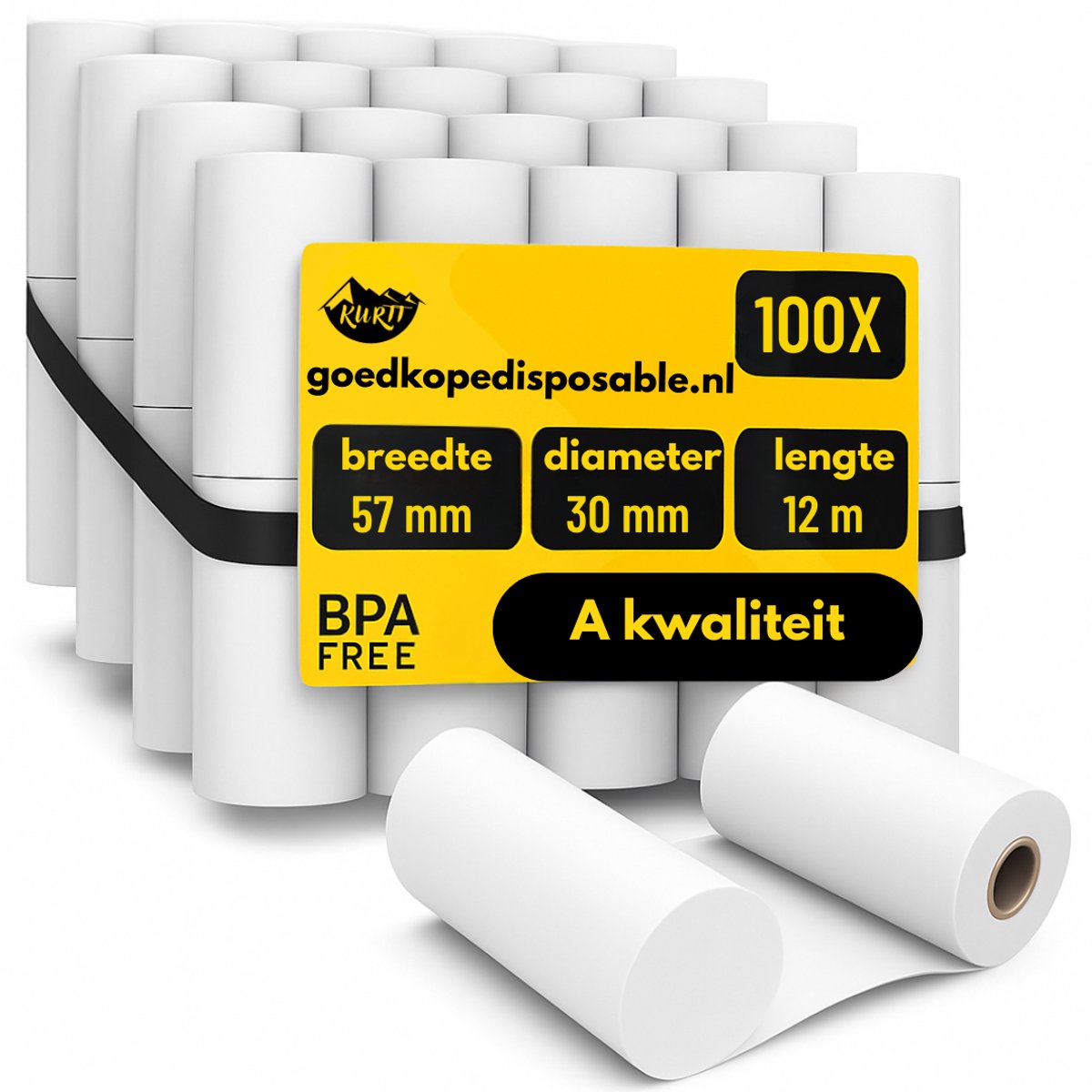 KURTT - 100 rollen! Premium Thermo-kassarollen, 57 mm x 30 mm x 12 mm - wit - voor epos-kwitanties of creditcard - kassabonrollen - kassa rollen pinrollen -thermopapier - bpa vrij - thermoprinter - kassabon