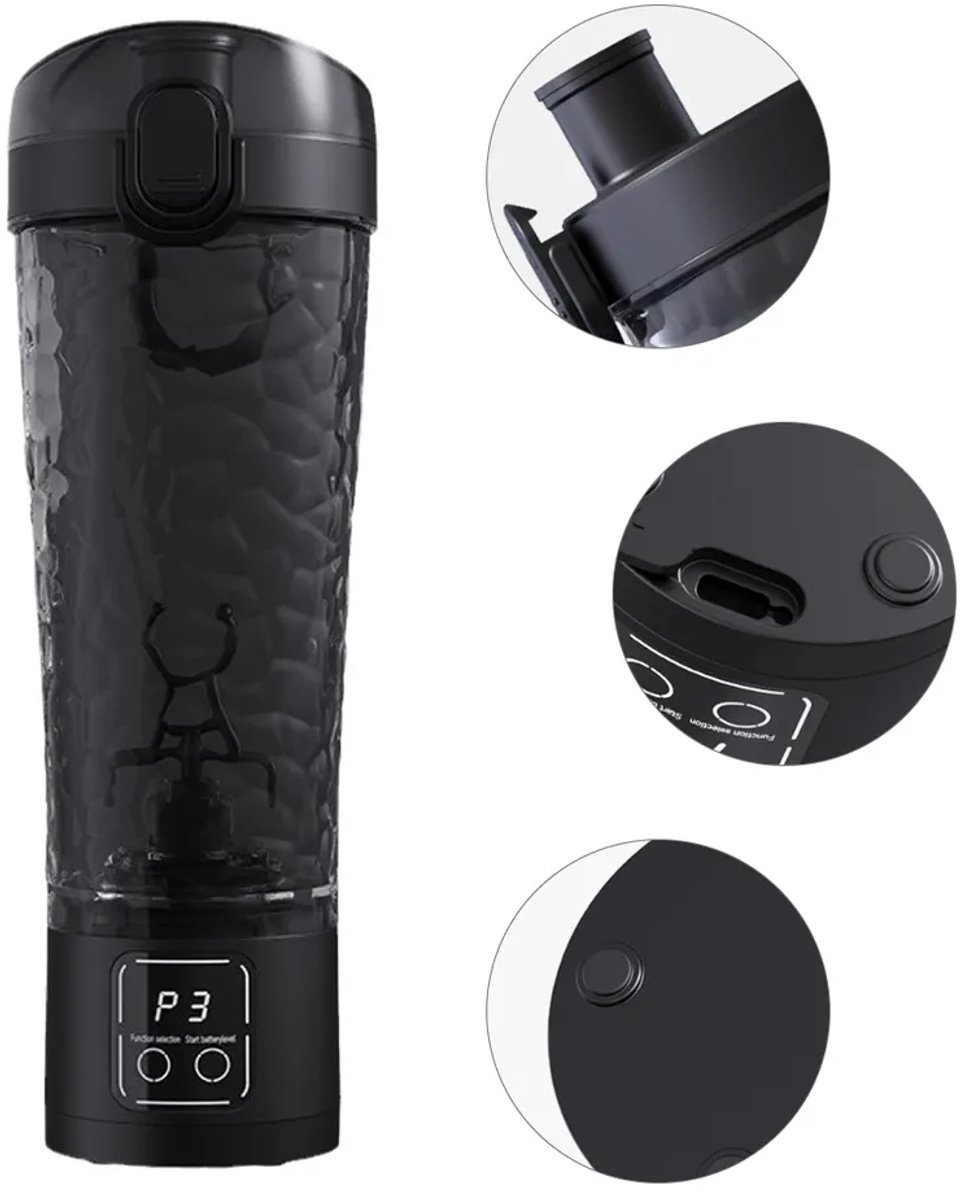 Automatische elektrische blender/shaker voor eiwitpoeder, 700 ml, LCD-display, instelbare snelheid, lekvrij en valbestendig, zwart.