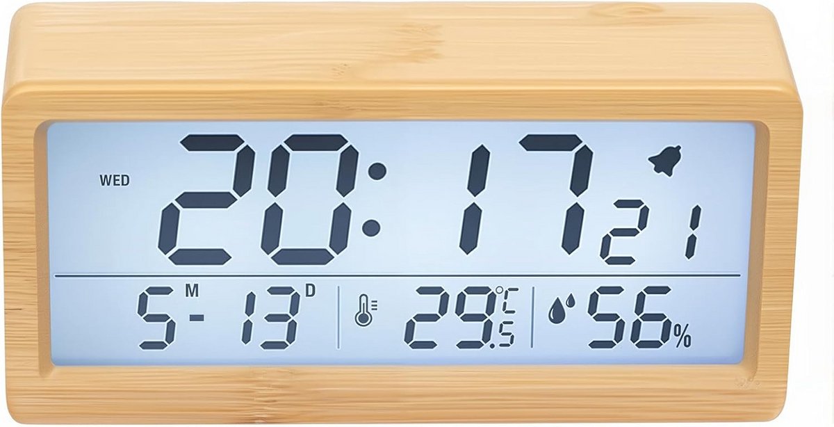 Digitale Houten Wekker met Groot LCD-scherm, Temperatuur en Nachtlampje