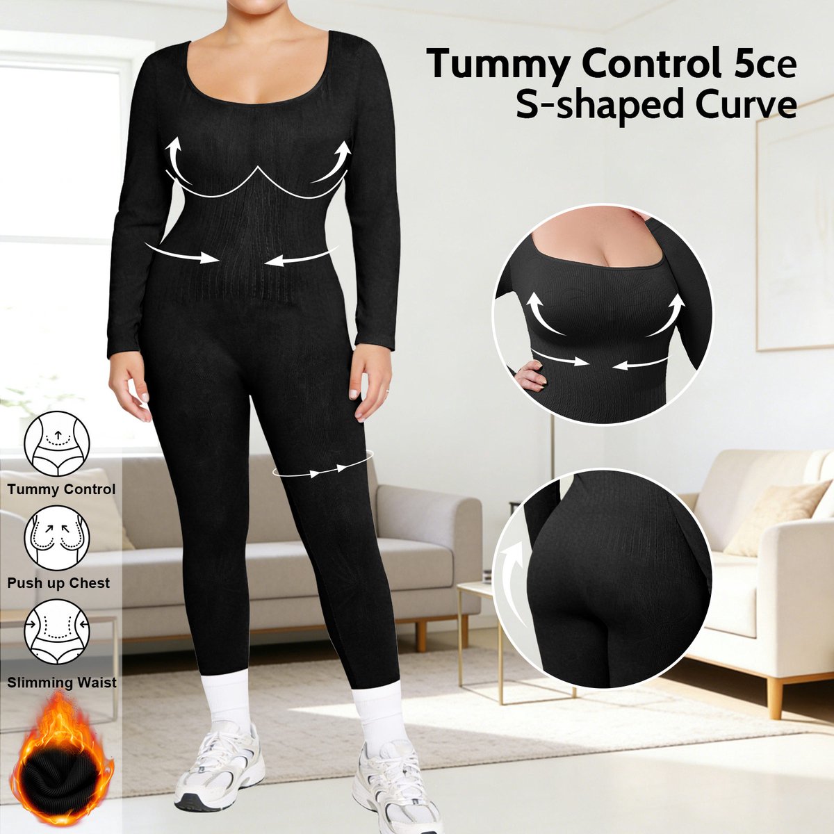 Plus Size Panty – Dames Seamless Gevoerd & Corrigerend legging - Bodyfashion Dream Shaper Bodysuit - Winter-A-Zwart-XXXXL