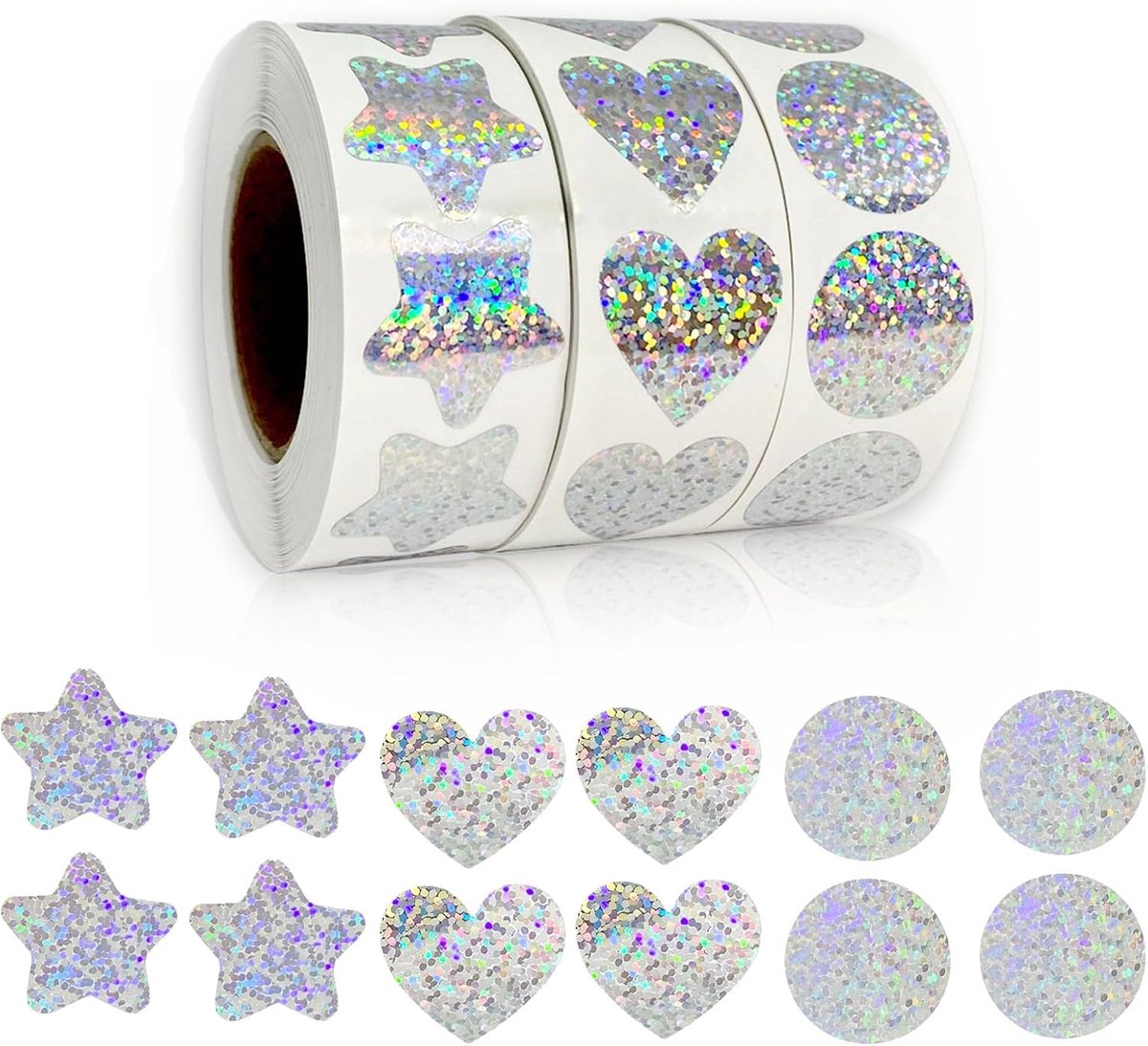 Stickerrol - Holografische glitterstickerrol - 1500 vellen - Ster-/hart-/cirkelpatronen - Kleurrijke zelfklevende stickers - Geschikt voor knutselprojecten, scrapbooking, kerstcadeauverpakking, laptop- en waterflesdecoratie.