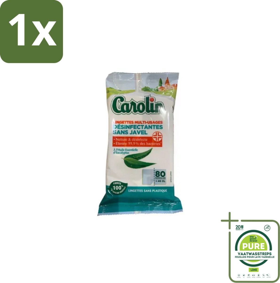 1 x Carolin – Doekjes – Eucalyptus – 80 Doekjes - Schoonmaken - Reinigingsdoekjes - Eucalyptus - Biologisch Afbreekbaar - Natuurlijke Geur