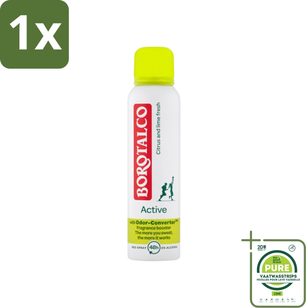 1 x Borotalco - Deodorant Spray - Active - Citrus & Lime Fresh - 0% Alcohol - 150 ml - Deodorant - Antitranspirant - Citrusgeur - Limoen - Alcoholvrij