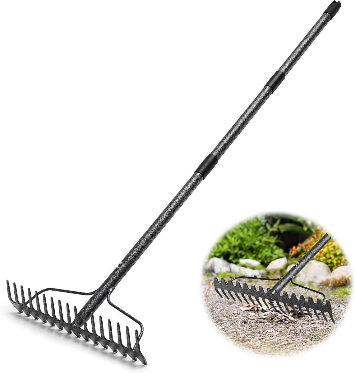 Metalen tuinhark met 17 tanden voor zwaar tuinwerk, 123 cm lang, grijs