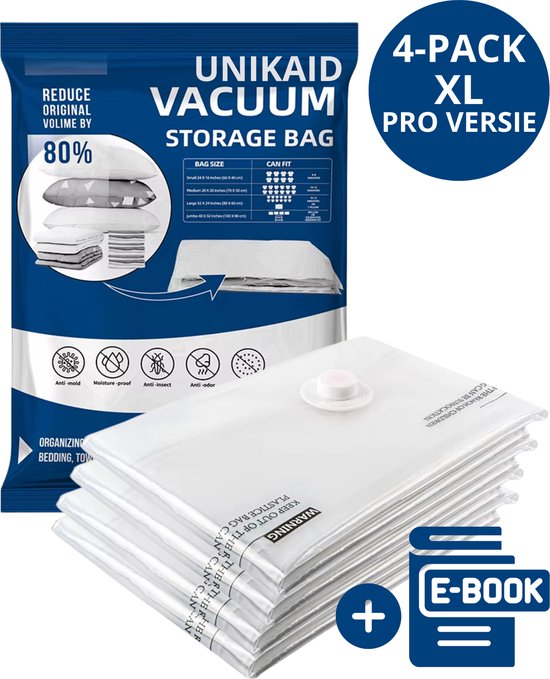UNIKAID Vacuumzakken Kleding & Dekbedden - 4 XL Vacuum Opbergzakken Incl. E-book
