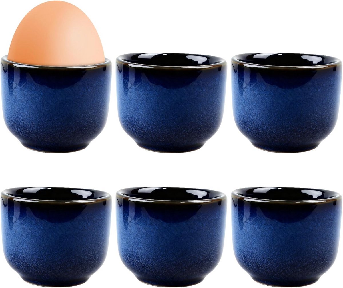 Set van 6 Vintage Blauwe Eierdopjes - Keramiek voor Ontbijt en Brunch
