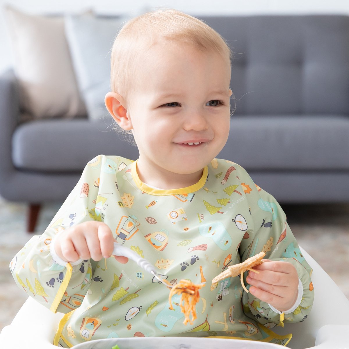 Bumkins Sleeved Bib - Waterdichte Mouwslab met Opvangbakje - Slab met Lange Mouwen - Knoeislab en Slabbetje voor Baby en Peuter - Kliederschort - Machinewasbaar - Baby Led Weaning BLW - Camp Gear - Kamperen - Groen - 6-24 maanden