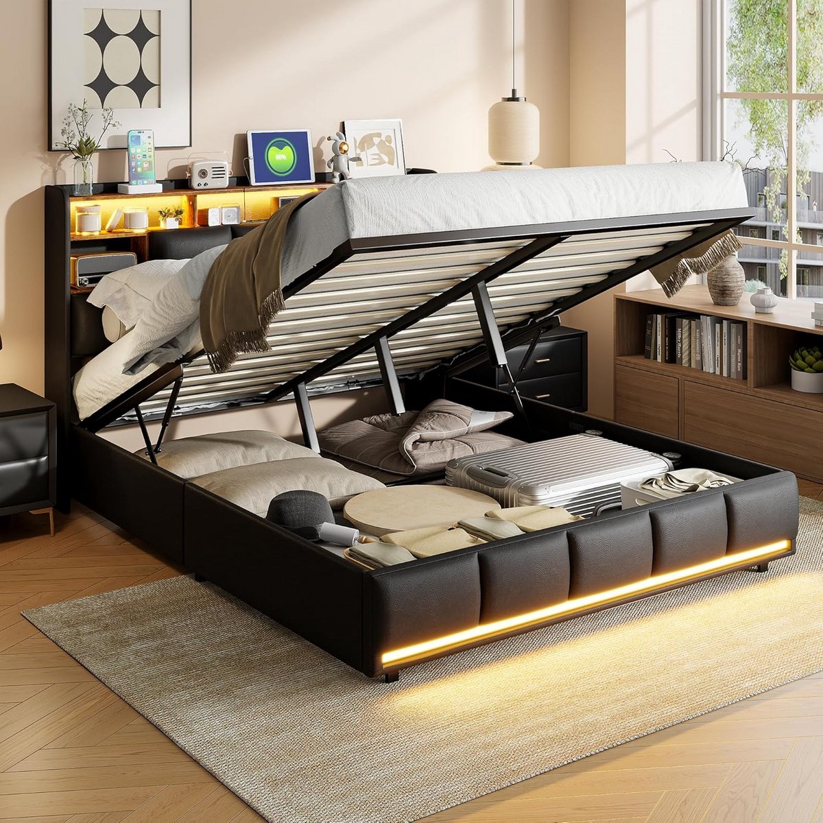 Tweepersoonsbed met LED Verlichting en USB-Poort, Gestoffeerd Nachtclubbed met Opbergruimte, 140x200 cm