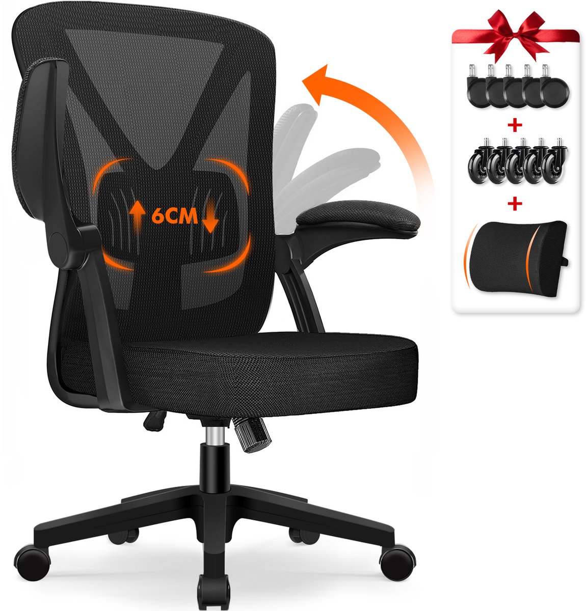 Saikefy Bureaustoel - Ergonomische Bureaustoel - Bureaustoelen voor Volwassenen - Office Chair - Kantoorstoel - Lendensteun - Opklapbare Armleuningen - Zwart