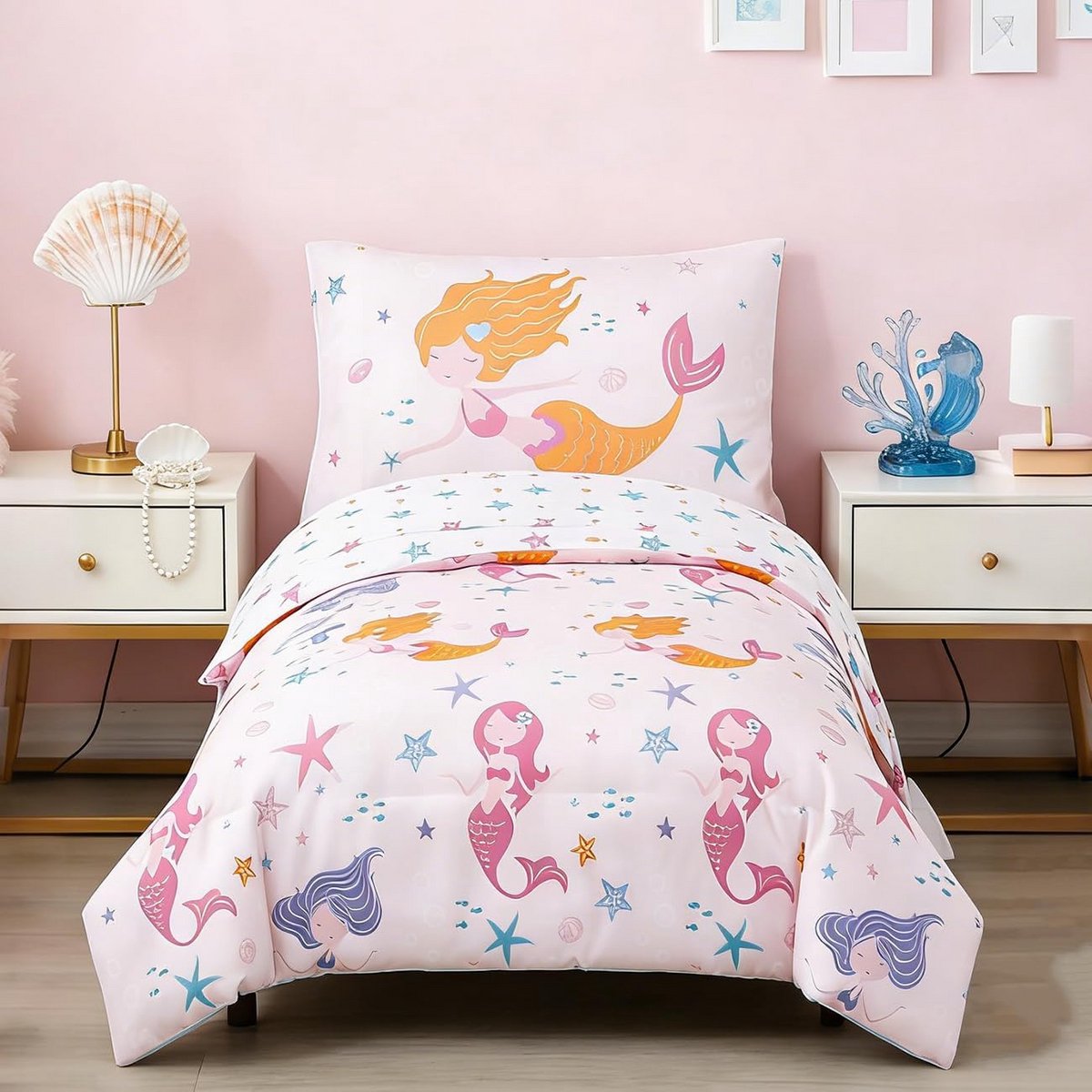 4-delige Peuter Dekbedset Meisjes Roze Zeemeermin Cartoon Beddengoed