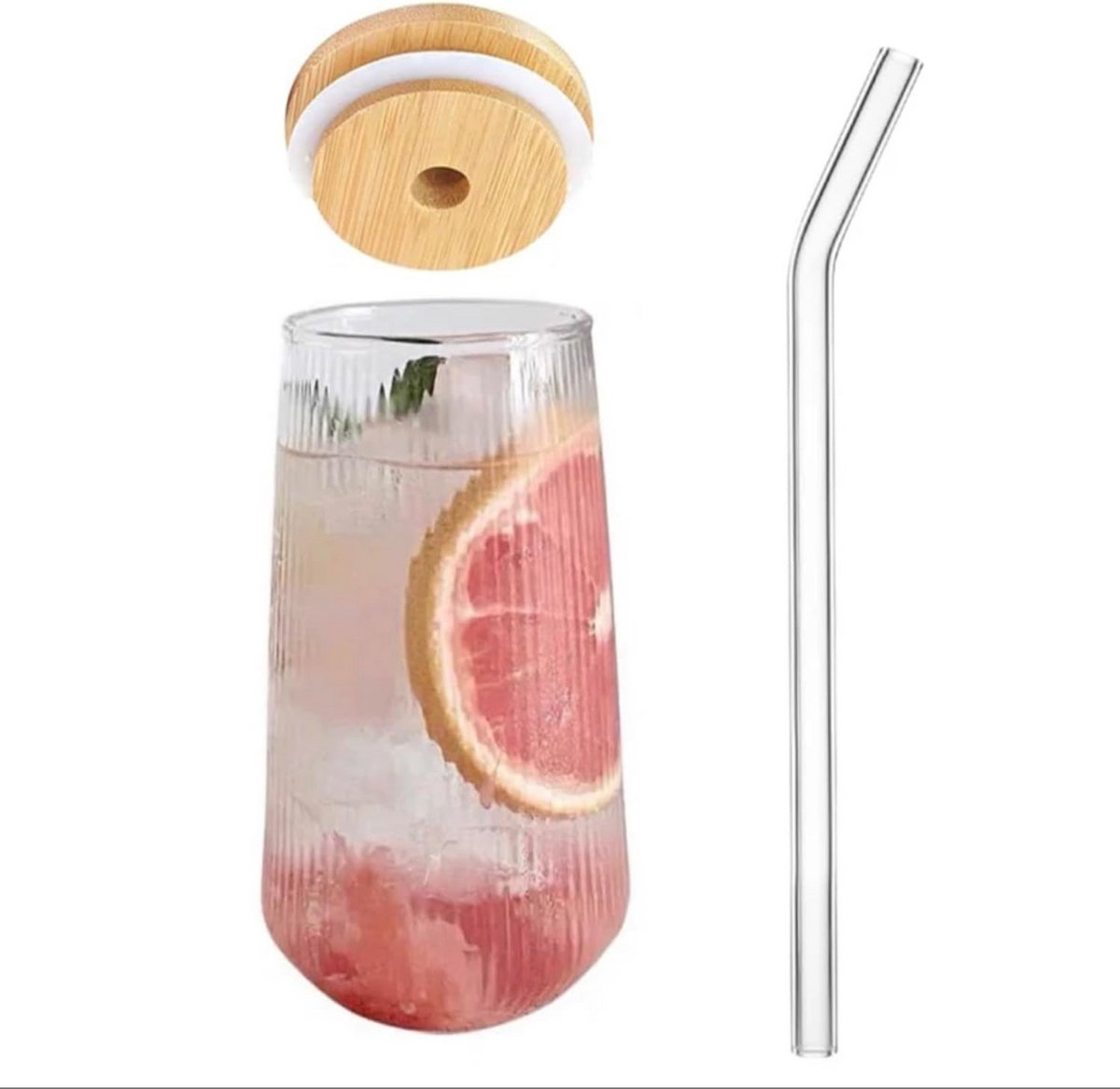 Glazen Beker 400 ml met Bamboe Deksel en Rietje - Lekvrije Drinkbeker voor Ijskoffie, Smoothie en Sap
