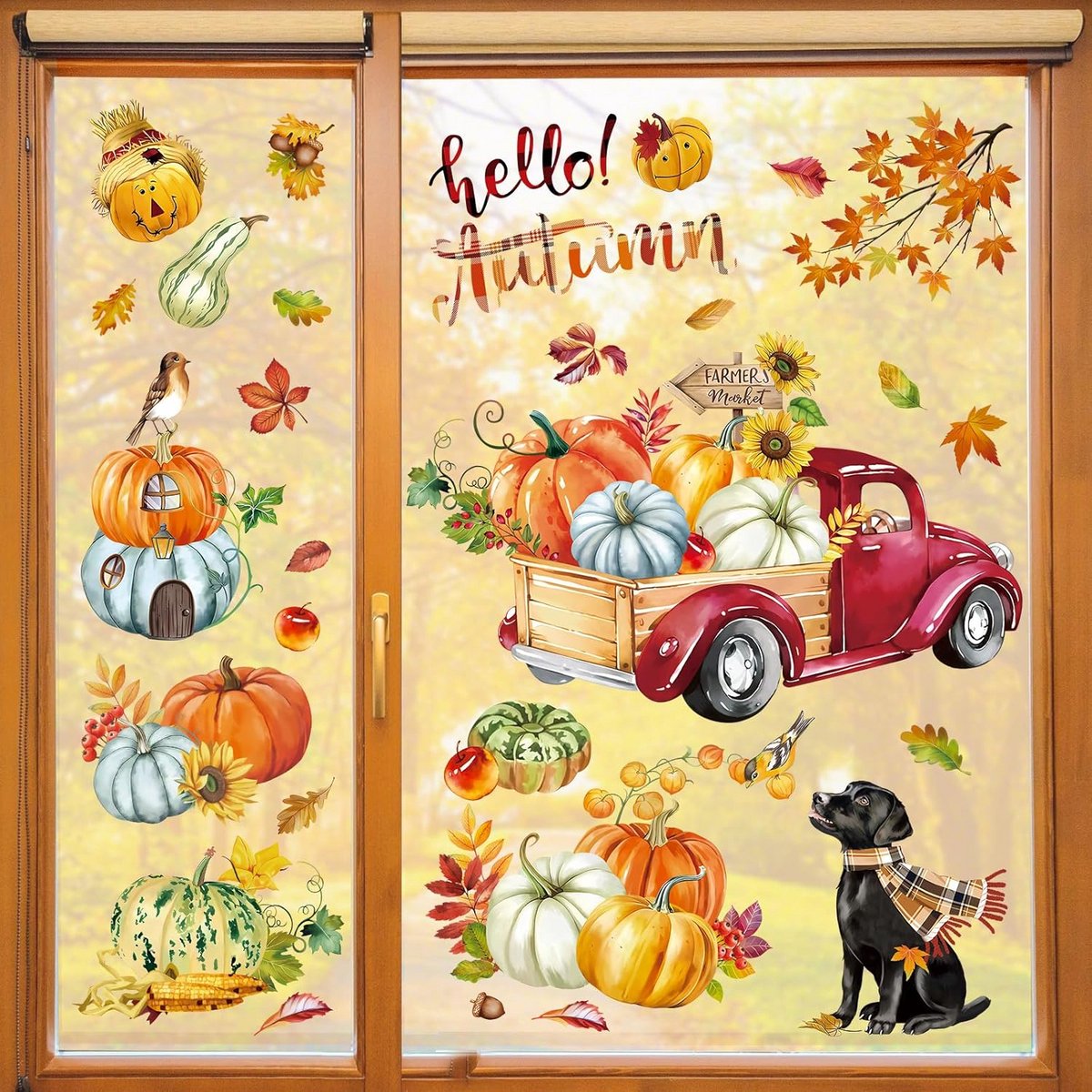 Dubbelzijdige Herfst Raamstickers Met Pompoenen en Bladeren - Herbruikbaar