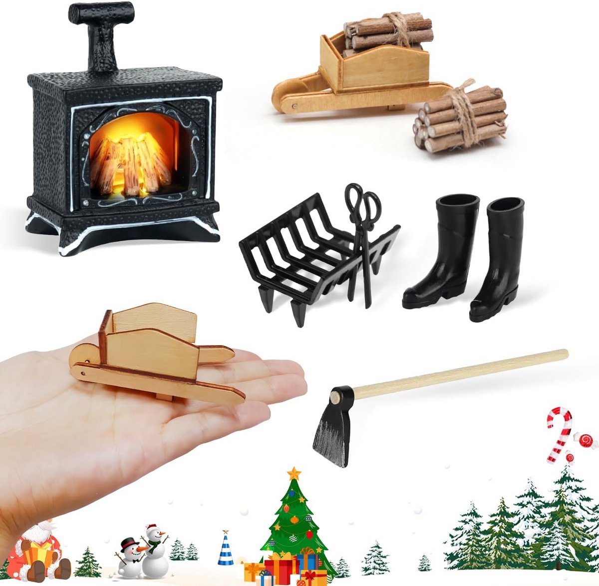 Miniatuur Poppenhuis Accessoires Set 1/12 - Kerst & Winter Decoratie met LED Open Haard en Gereedschap