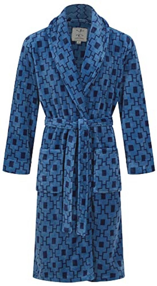 Warme fleece ochtendjas voor heren met geometrisch patroon in blauw