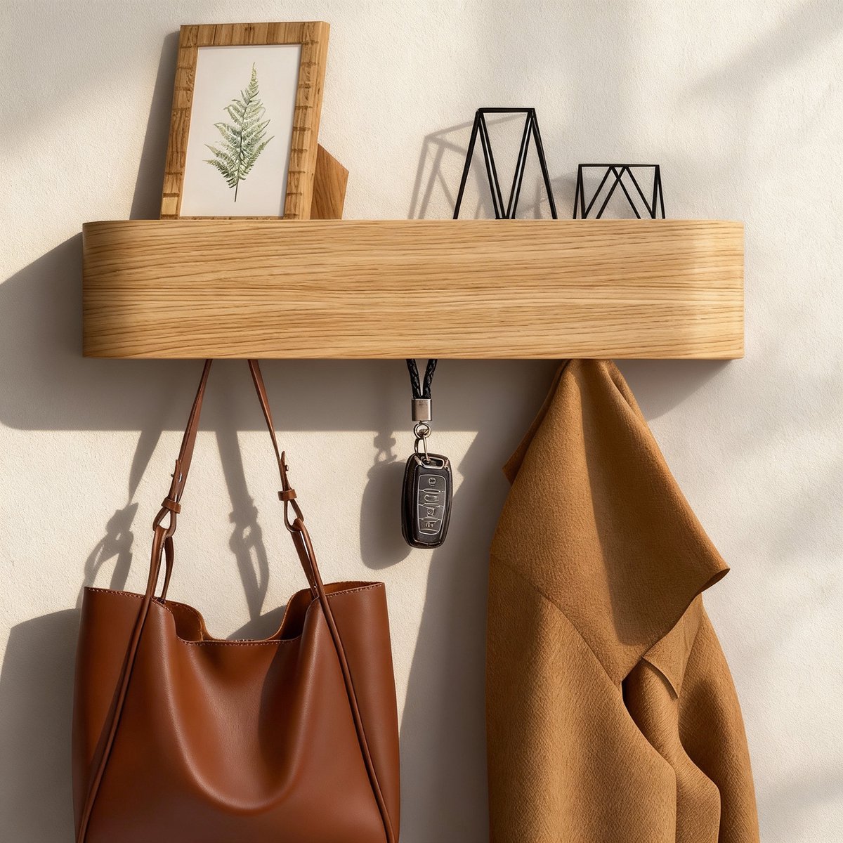 Soontrans Houten Wandgemonteerde Kapstok met Moderne Kapstok met Verborgen Wandhaken, 50 x 10 x 7,5 cm Wandkapstok, Minimalistische Stijl Voor Slaapkamers, Woonkamers en Gangen (Houtkleur)