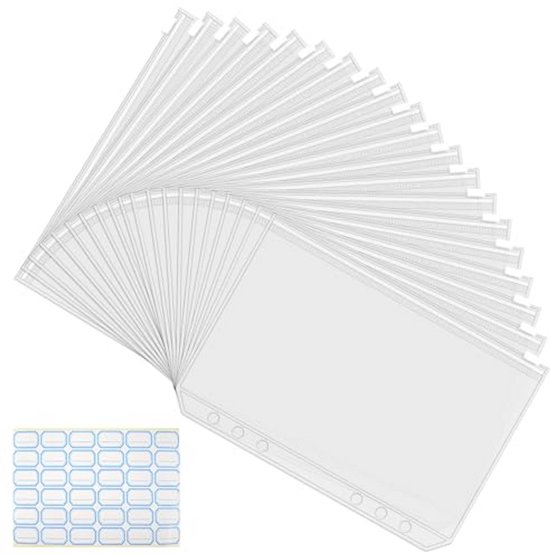 20 Stuks A5 Ringmappen Met 6 Gaten – Transparante PVC-hoesjes Met Rits, Waterdicht, Scheurvast, Incl. Stickers, Ideaal Voor Notitieboeken, Documenten En Kaarten