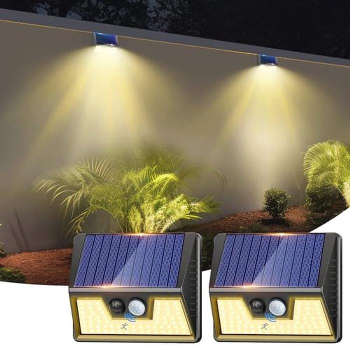 Led-solarlampen voor buiten met bewegingsmelder – 2 stuks – verlichting voor tuin, binnenplaats, garage en muur (warmwit)