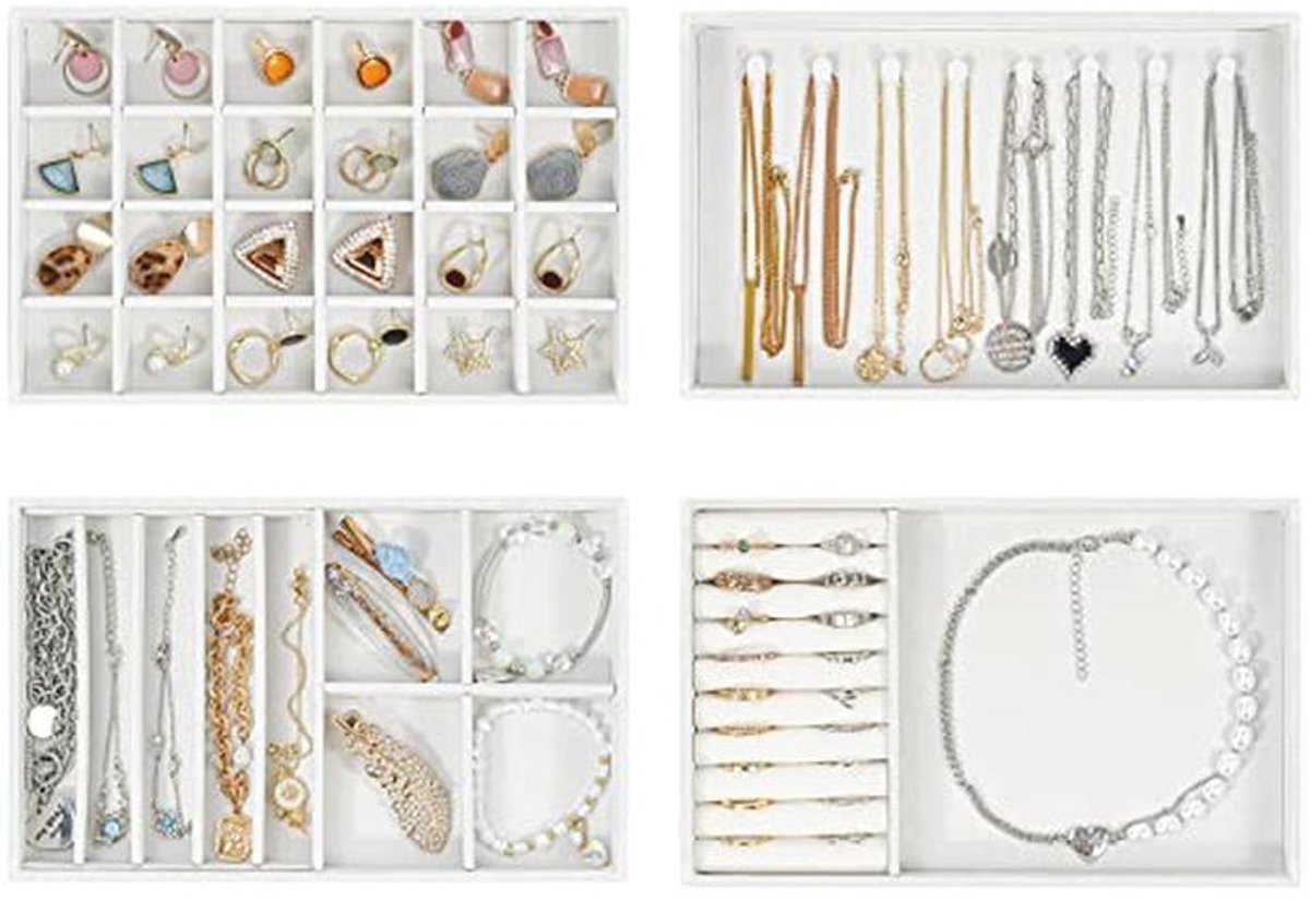 Sieraden Lade Organizer Voor Oorbellen, Halskettingen, Ringen en Armbanden - 4 Laags, Wit