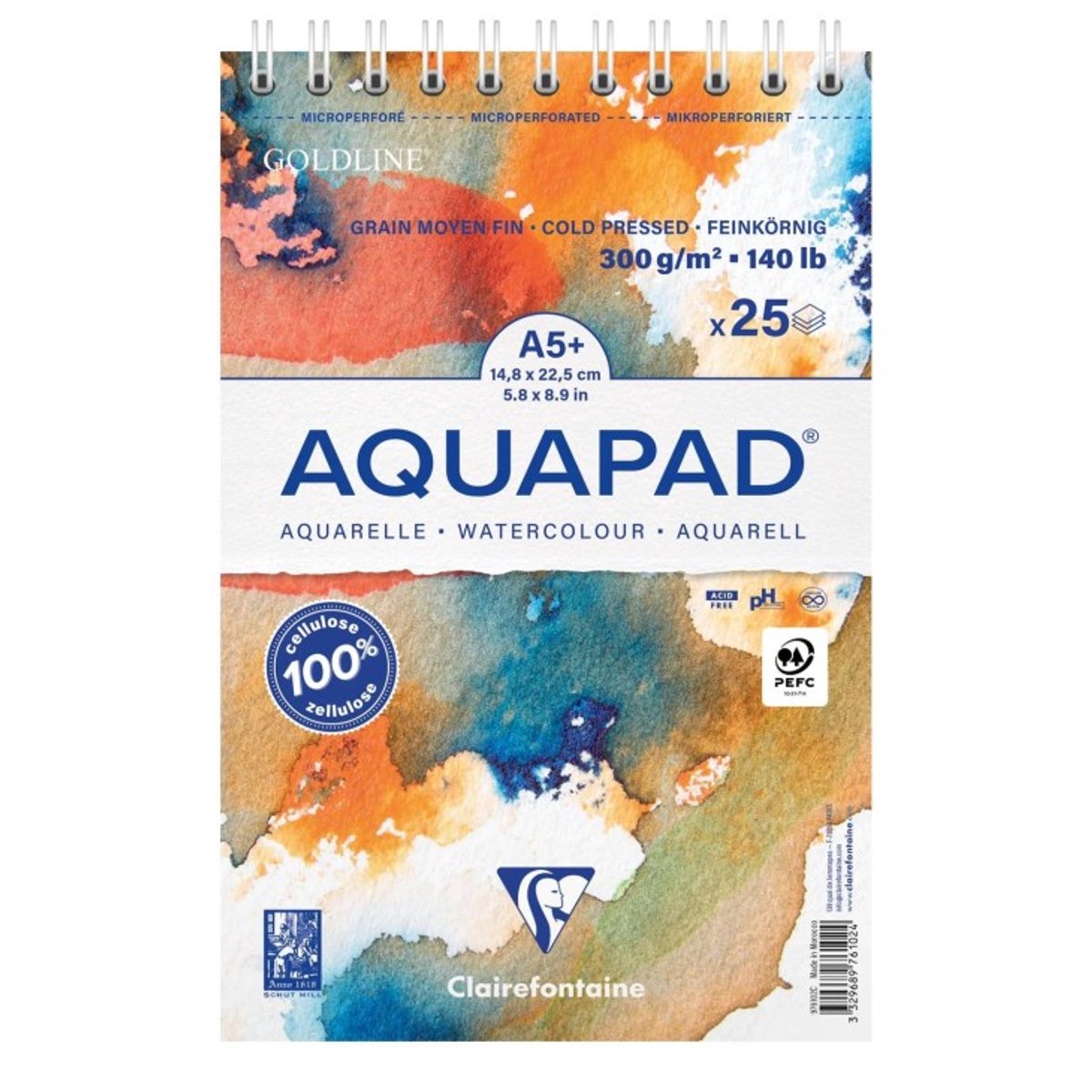 Clairefontaine Goldline Aquapad – A5 – 300 g – Spiraalblok – Aquarelpapier – 25 Vel