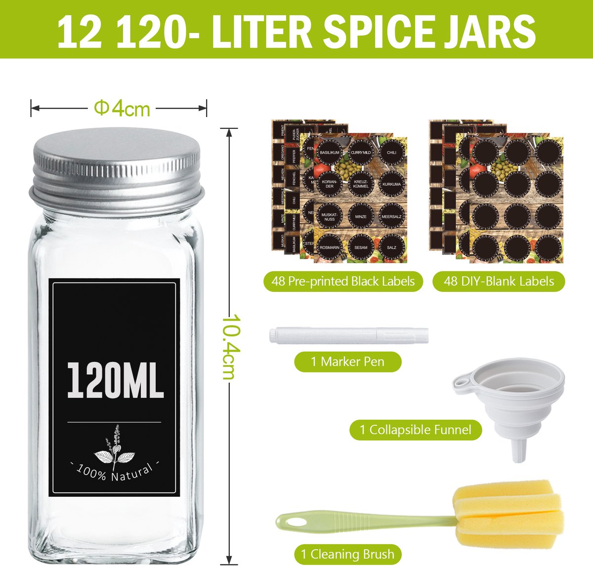 Soontrans 12 Glazen Kruidenpotjes Vierkant Met Aluminium Deksel - Kruidenpotjes Vierkant Set, Kruidenpotten Set 12x120ml, Kruidenpotjes Met Kruidenstrooier, Incl. Stickers, Trechter, Pen, Reinigingsborstel