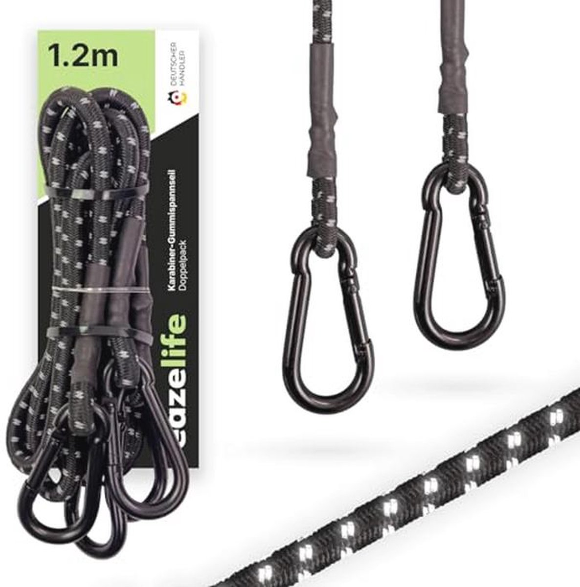Set van 2 reflecterende spanrubbers met karabijnhaak - 60 cm/120 cm - Extreem belastbaar en veilig voor outdoor en vervoer