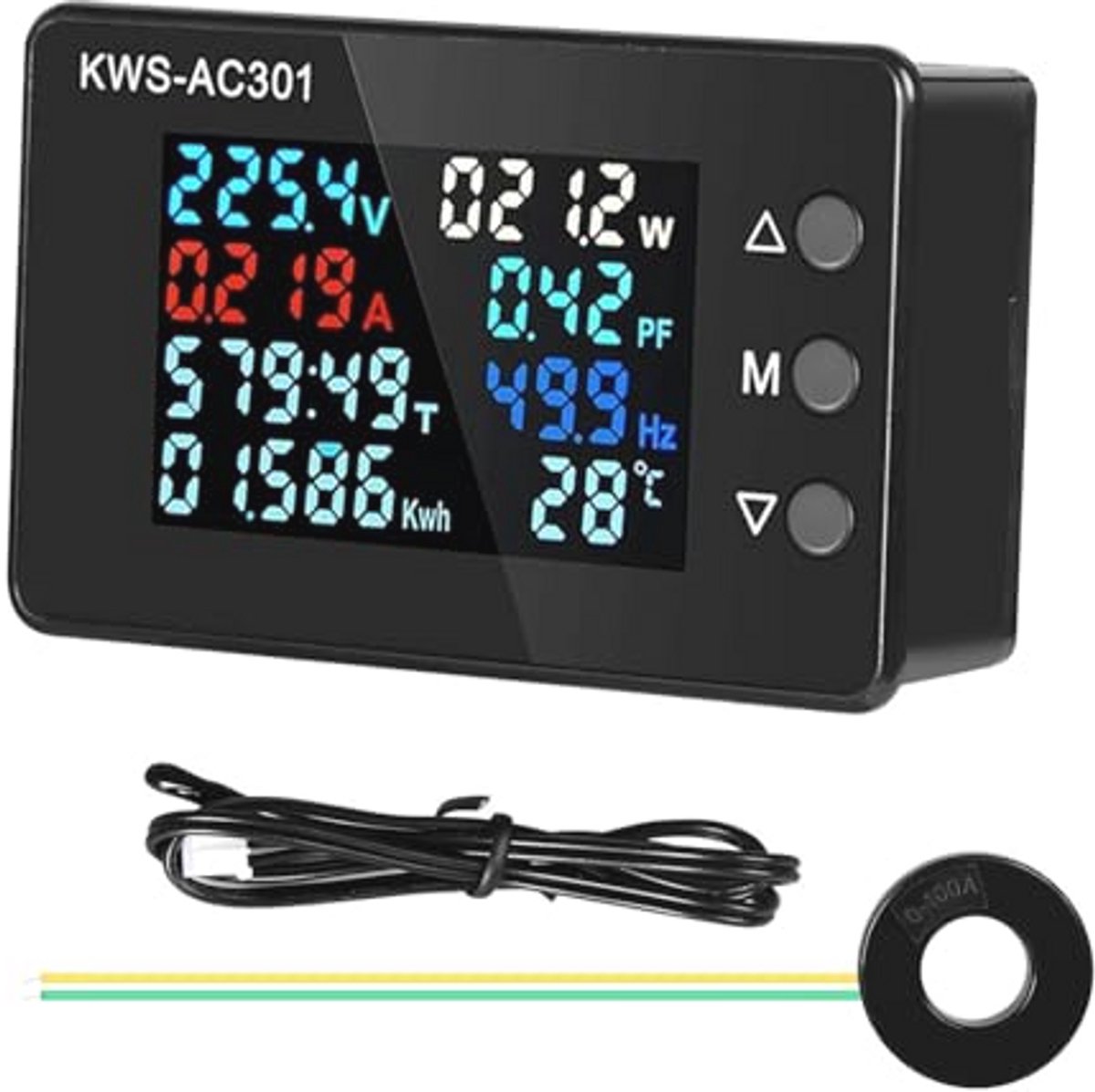 Digitale Stroommeter met Temperatuursensor en Transformator 0-100A AC 50-300V