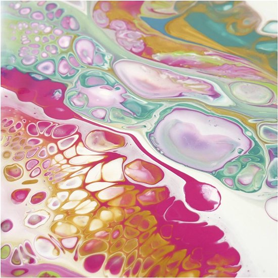 Abstract schilderij met acrylverf in marmerlook. Levendige kleuren zoals roze, goud, mintgroen en paars creëren cel-achtige patronen.