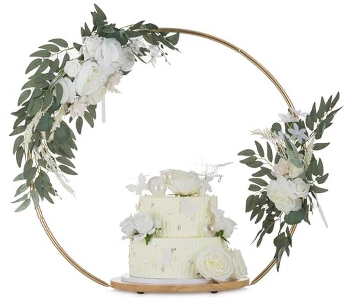 Houten Cake Stand voor Bruiloften en Feesten – Vintage Gouden Rand – 36 cm