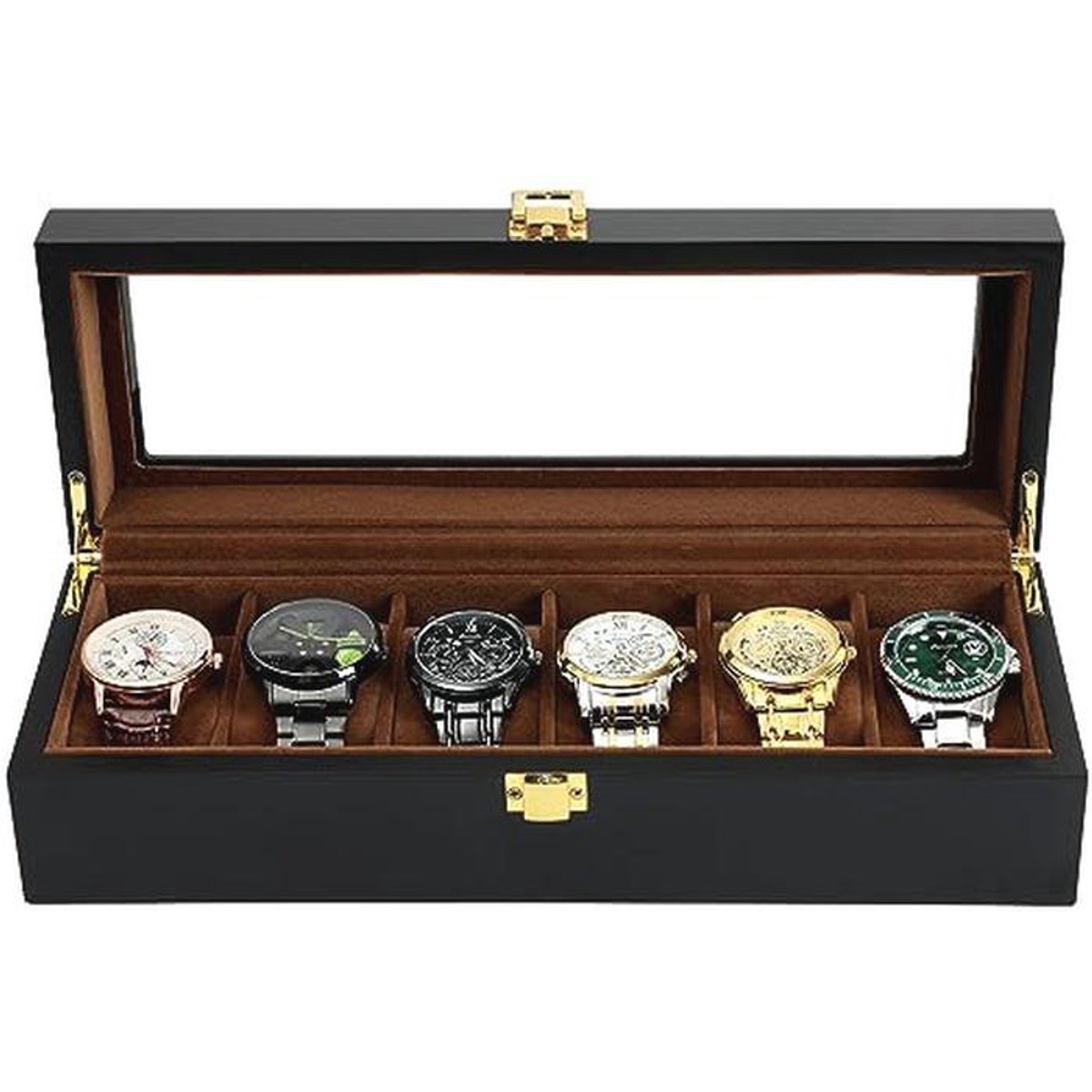 Houten Horlogedoos met 6 Sleuven - Premium Horloge Organizer met Glazen Deksel