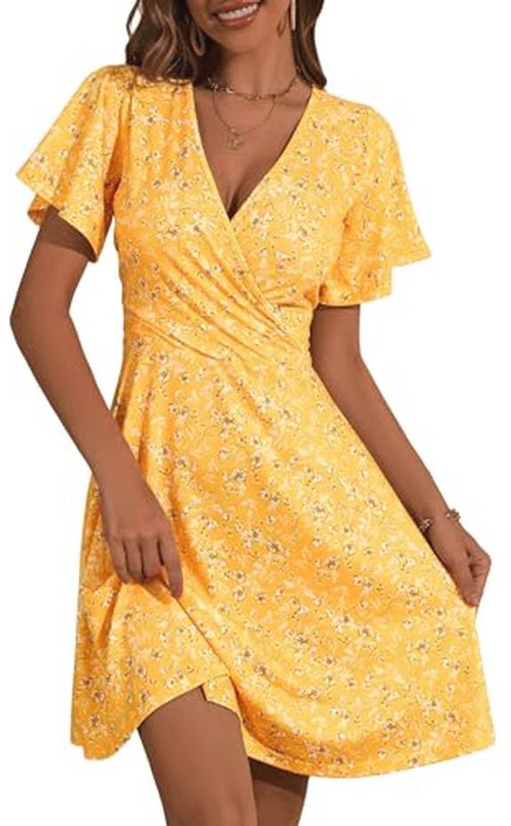 Zonnejurk Dames Korte Mouwen Bloemen Wikkeljurk V-hals A-lijn Midi-jurk