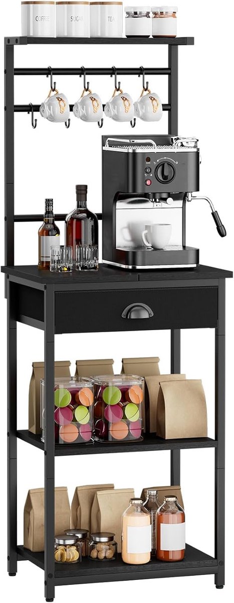 Famanu - Zwart houten keukenrek met 5 niveaus en 8 haken, ruime opslag voor koffiemachine en accessoires