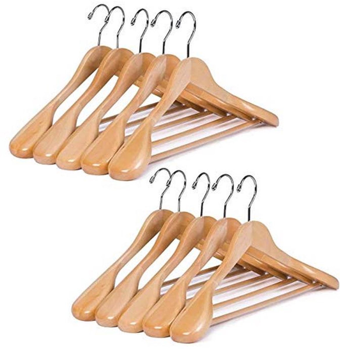 Houten Kleerhanger Set van 10 met Antislip en Brede Schoudersteun