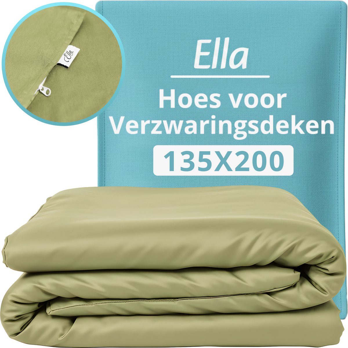 Hoes voor de verzwaringsdeken van Ella 135 x 200 CM - 7 KG & 9 KG - Overtrek Hoes van 100% biologisch katoen - Licht Olijf Groen