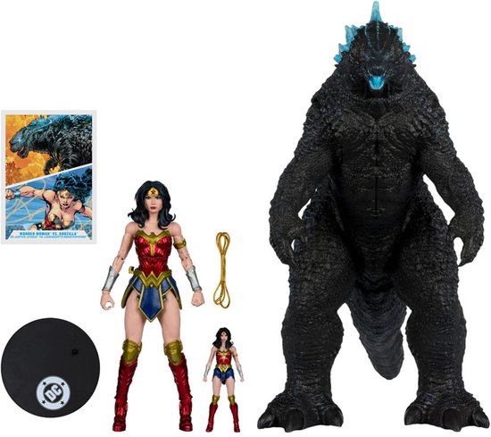Wonder Woman en Godzilla actiefiguren, met displaystandaard en artcard.