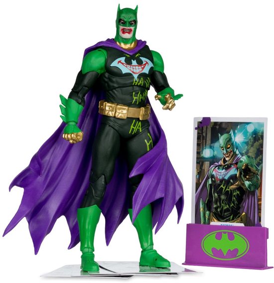Jokerized Batman actiefiguur met displaykaart, staand op een zilveren display.