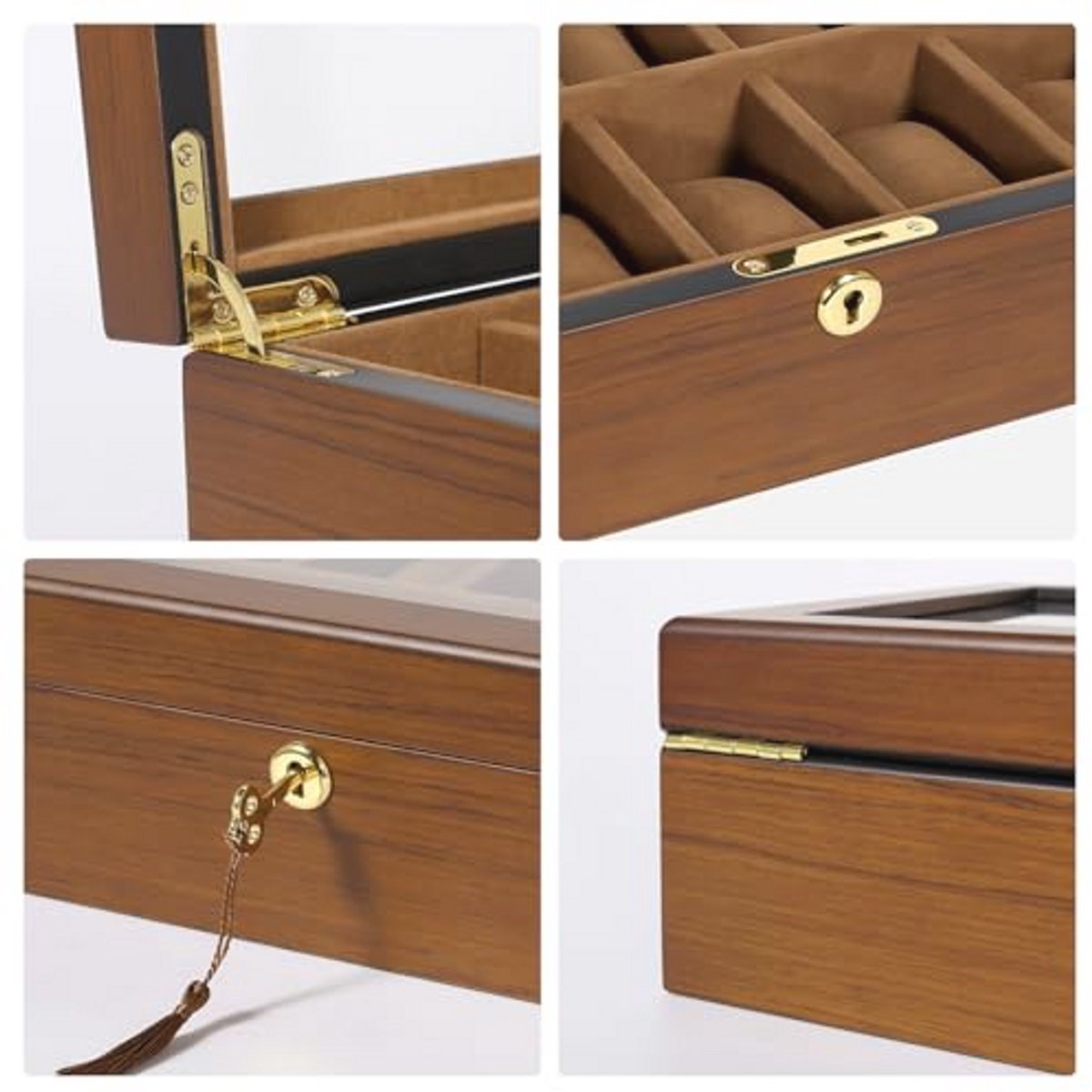 Horlogebox met 12 Vakken en Glazen Deksel, Luxe Houten Horloge Display met Sleutel