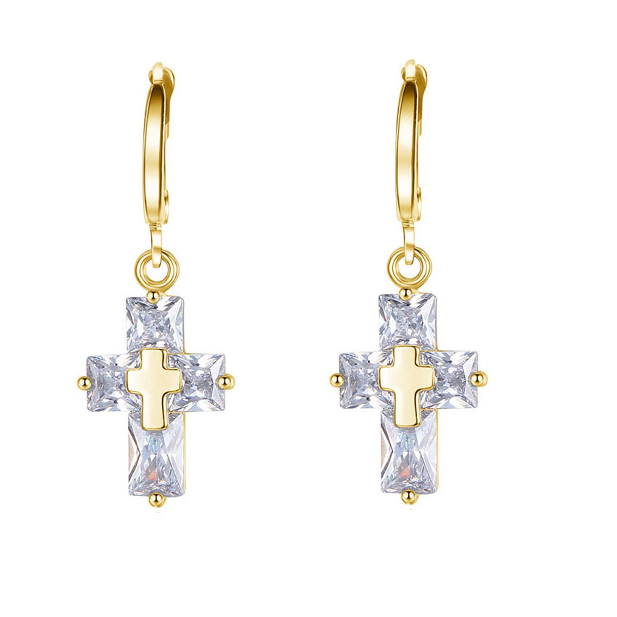 Lumici® | Kristallen Heilig Kruis oorbellen - Kruisjes - Steentjes - Oorbellen - Earrings - Valentijns cadeau - Heilig kruis - Jezus - Zirkonia - Goud