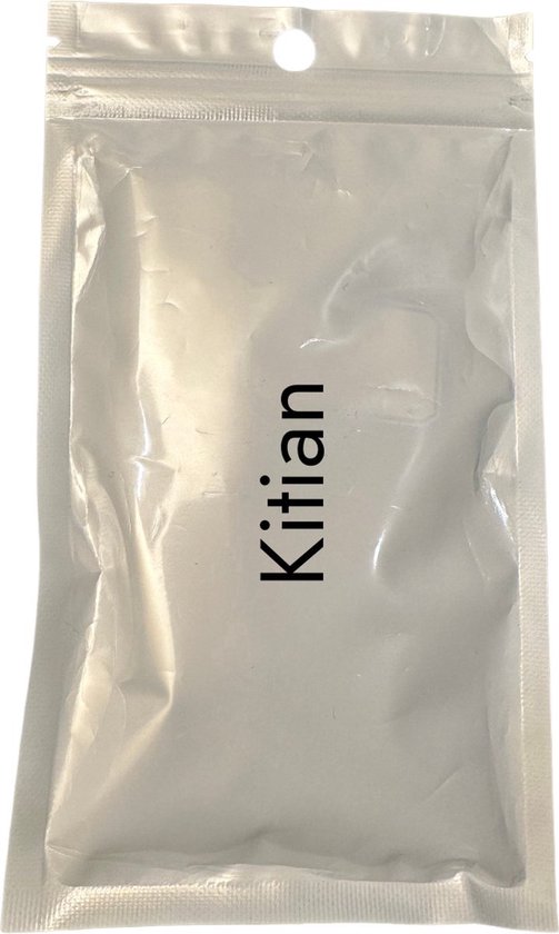 Zilverkleurige verpakking met de tekst 'Kitian'.