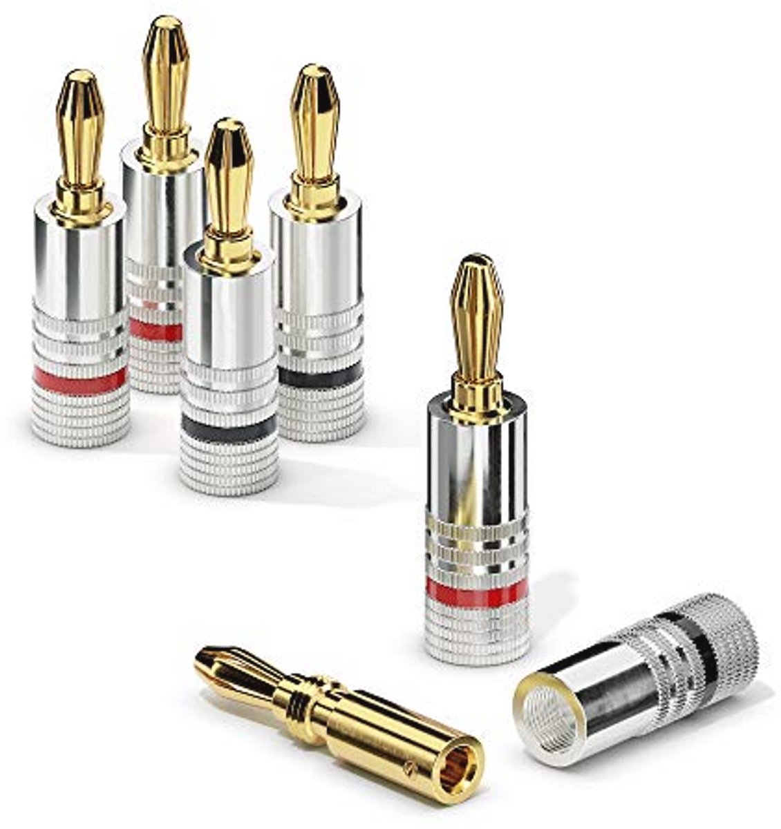Bananenstekker set van 4 voor luidsprekerkabels tot 6 mm² – Kleurcodering en 24k verguld