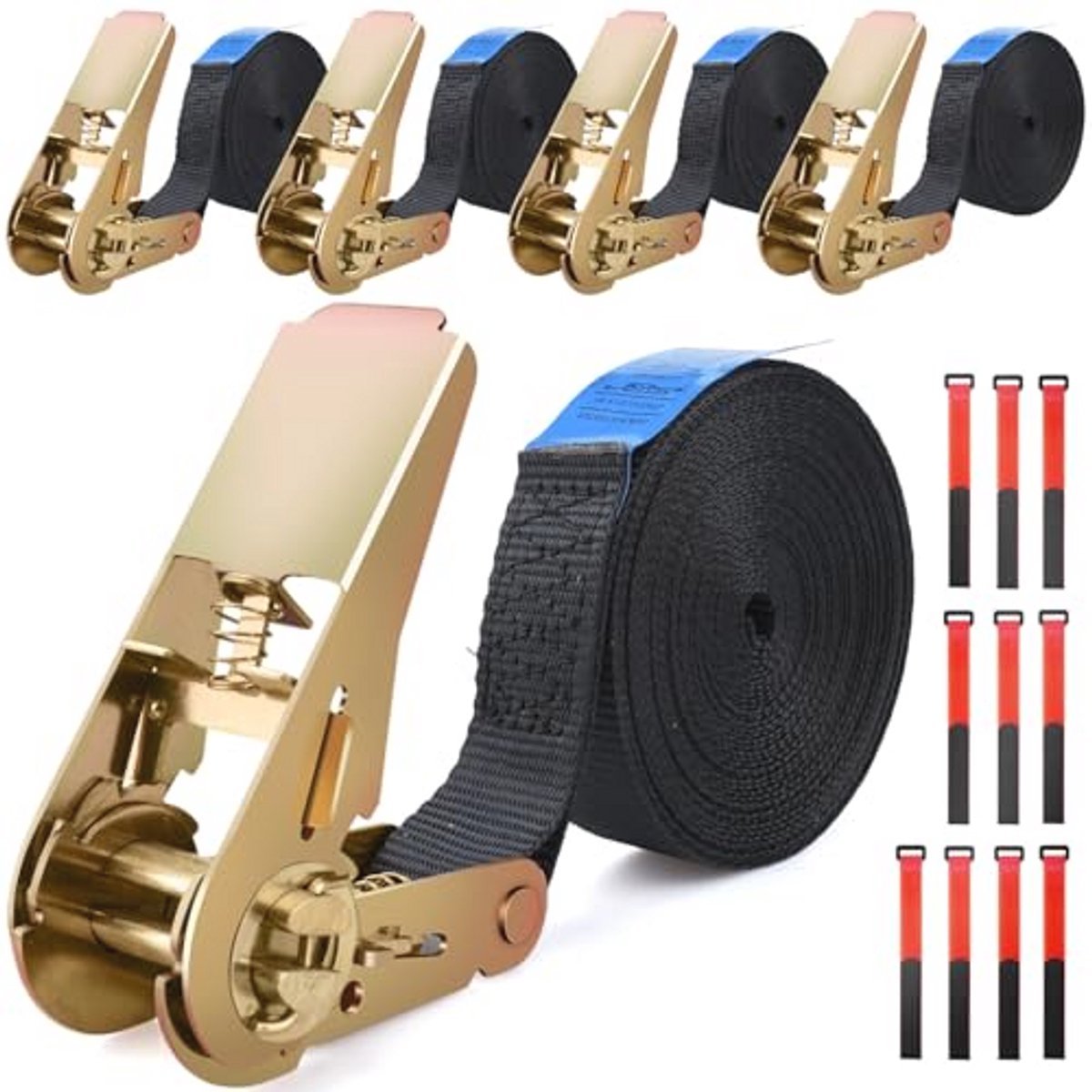 6M Ratchet Lashing Straps - Set van 5 Korte Spanbanden voor Auto, Fiets, Motor, Bagage, Kamperen, Zwart