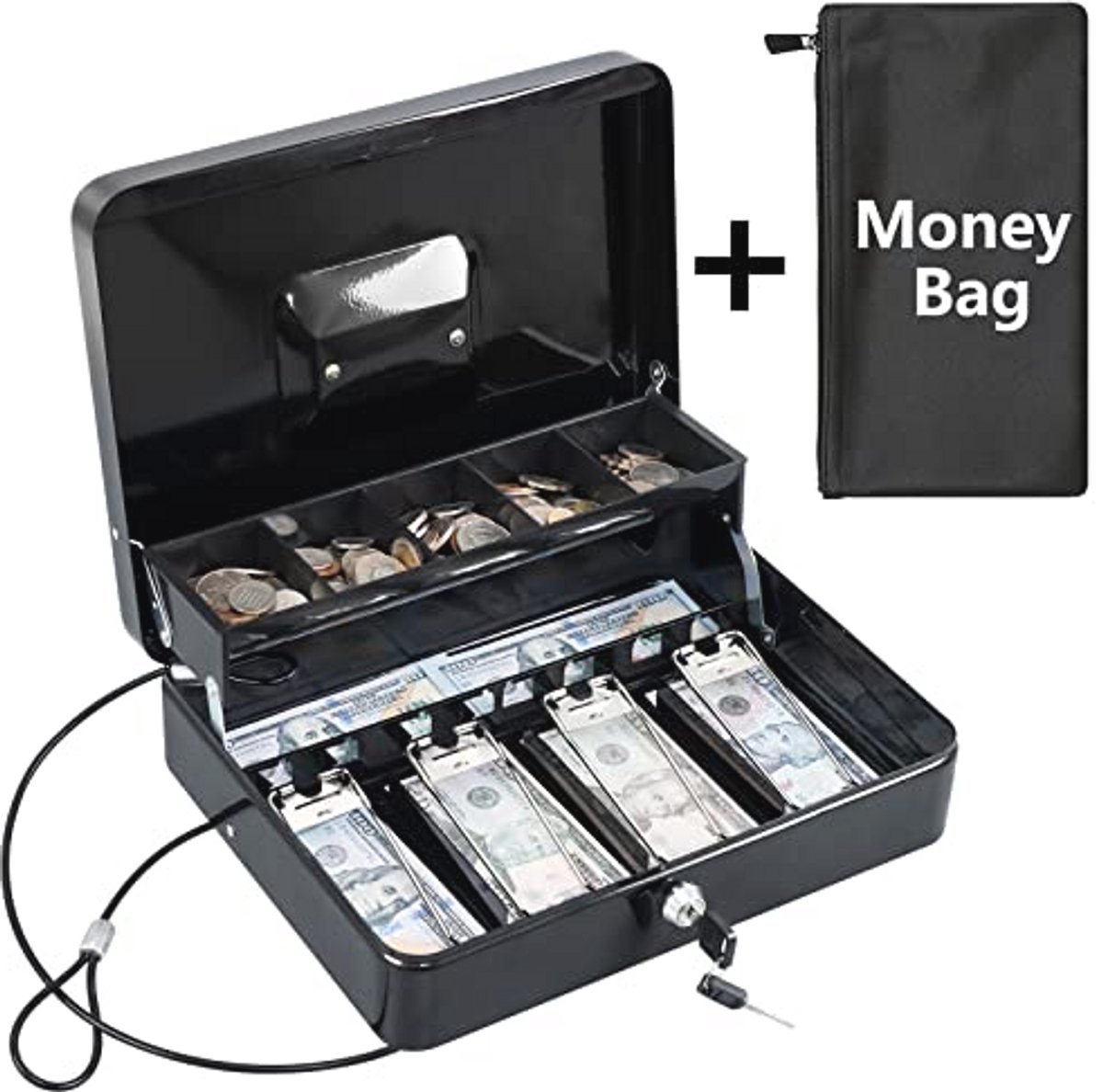 KYODOLED Cash Box met geldbak, sleutelslot geldveilig met beveiligingskabel en waterdichte tas, 11.81L9.45W3.54H inch, zwart X groot