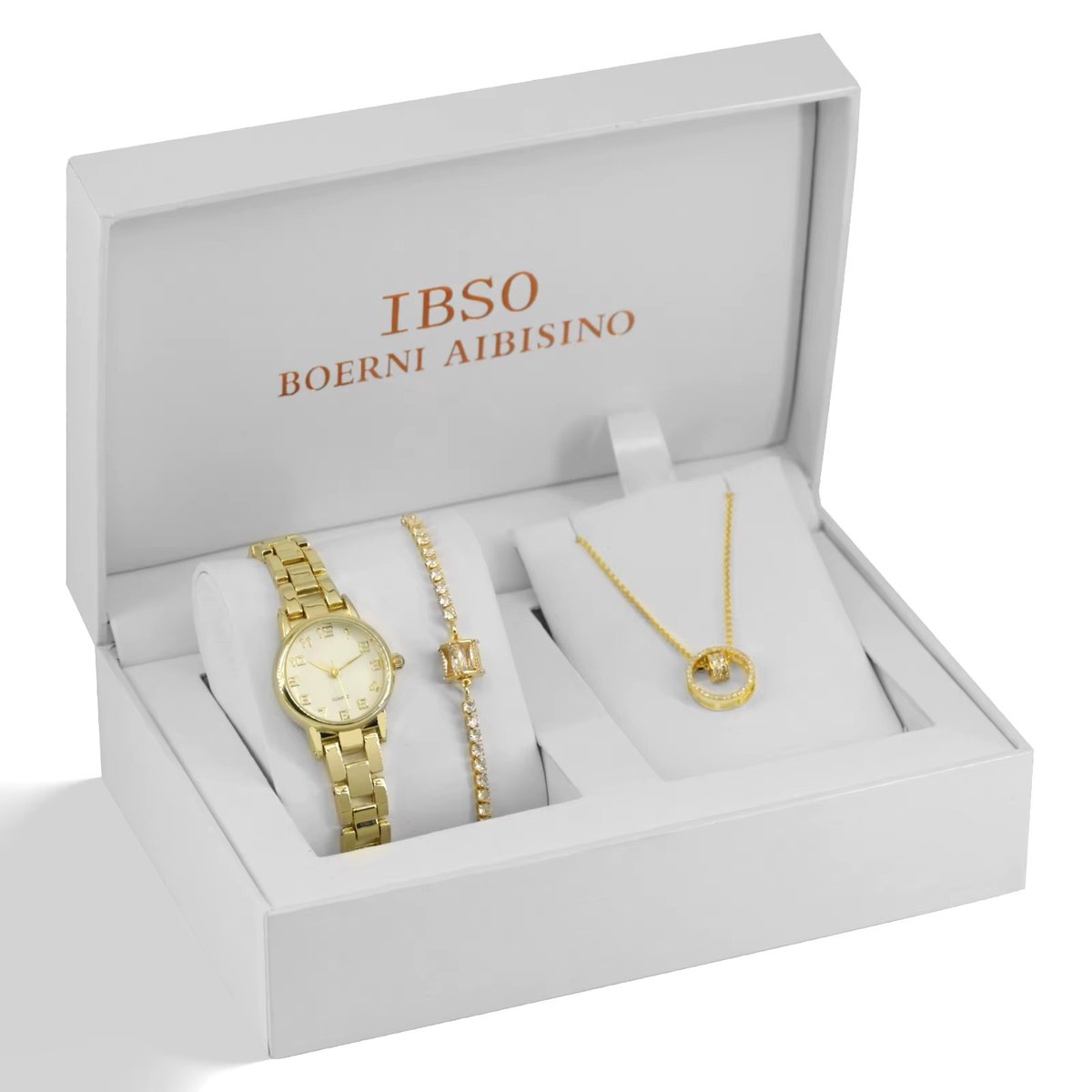 IBSO - Boerni Aibisino Luxe Goudkleurige Sieradenset voor Dames - Horloge + Armband + Ketting - Kristal Quartz - Cadeauset in Luxe Giftbox