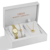 IBSO – Boerni Aibisino Luxe Goudkleurige Sieradenset voor Dames – Horloge + Armband + Ketting – Kristal Quartz – Cadeauset in Luxe Giftbox